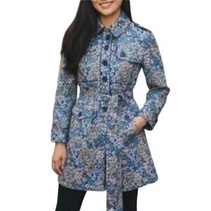Anthropologie Elevenses Glajevica Blue Micro Floral Spring Summer Trench Coat 2